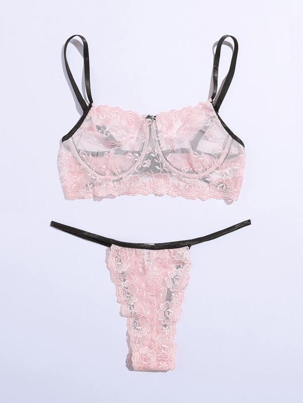 Embroidered Mesh Underwire Lingerie Set - LuckyFash™