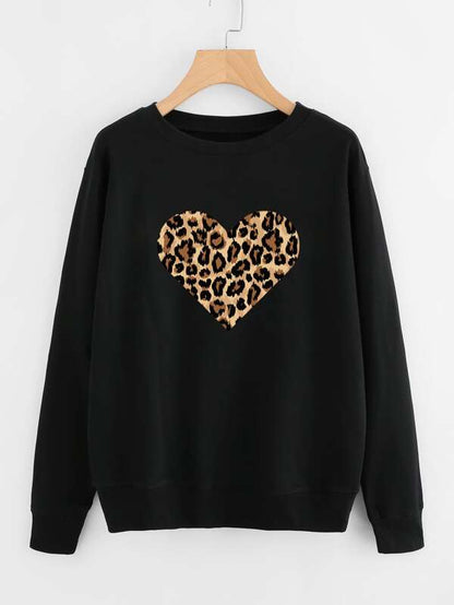 Leopard Heart Print Drop Shoulder Sweatshirt - LuckyFash™
