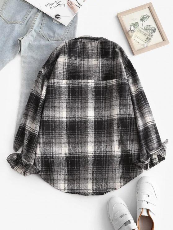 Front Pocket Plaid Houndstooth Flannel Shacket - LuckyFash™