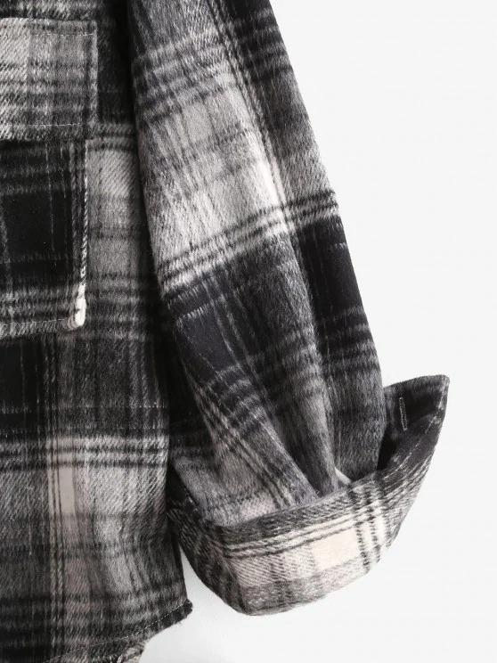 Front Pocket Plaid Houndstooth Flannel Shacket - LuckyFash™