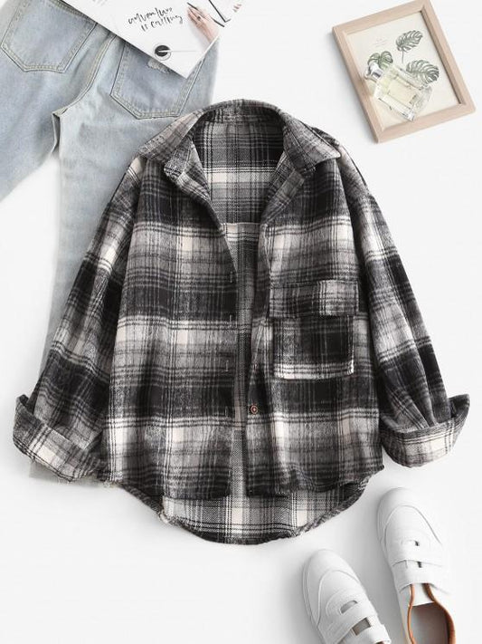 Front Pocket Plaid Houndstooth Flannel Shacket - LuckyFash™