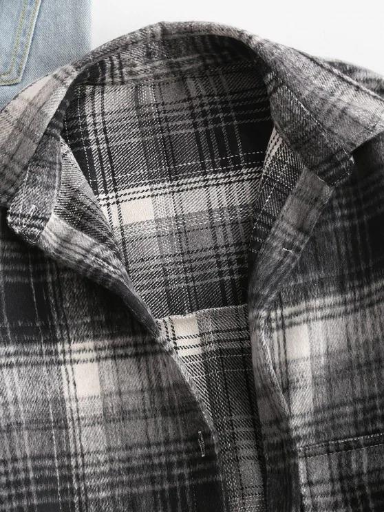 Front Pocket Plaid Houndstooth Flannel Shacket - LuckyFash™
