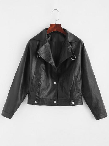 Faux Leather Snap Button Pockets Biker Jacket - LuckyFash™