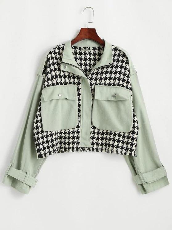 Flap Pocket Houndstooth Twill Panel Tweed Jacket - LuckyFash™