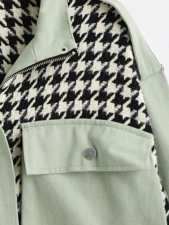 Flap Pocket Houndstooth Twill Panel Tweed Jacket - LuckyFash™
