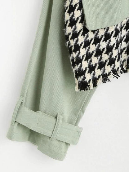 Flap Pocket Houndstooth Twill Panel Tweed Jacket - LuckyFash™