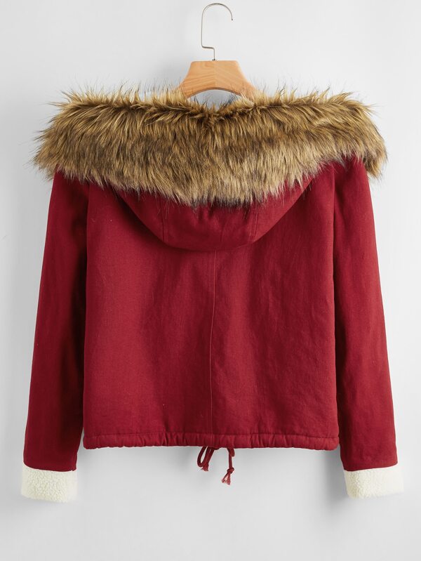 Fuzzy Trim Drawstring Hem Parka Jacket - LuckyFash™