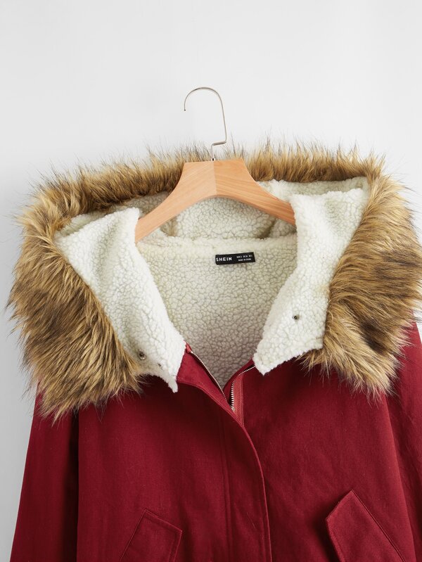 Fuzzy Trim Drawstring Hem Parka Jacket - LuckyFash™