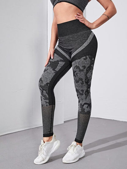 Graphic Print Hallow Out Wide Band Waist Sports Leggings - LuckyFash™