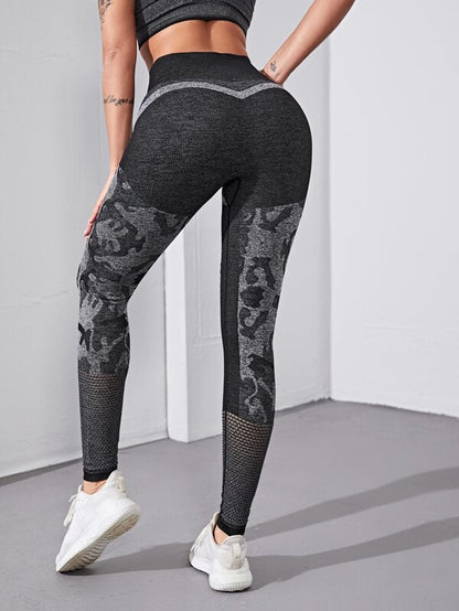 Graphic Print Hallow Out Wide Band Waist Sports Leggings - LuckyFash™