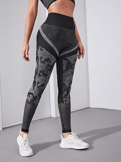 Graphic Print Hallow Out Wide Band Waist Sports Leggings - LuckyFash™