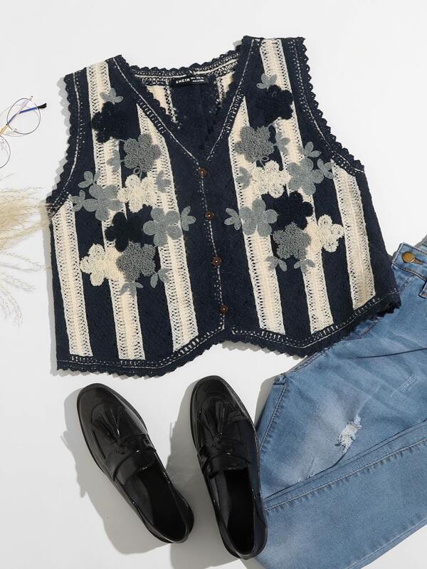 Floral Pattern Button Front Vest Cardigan - LuckyFash™