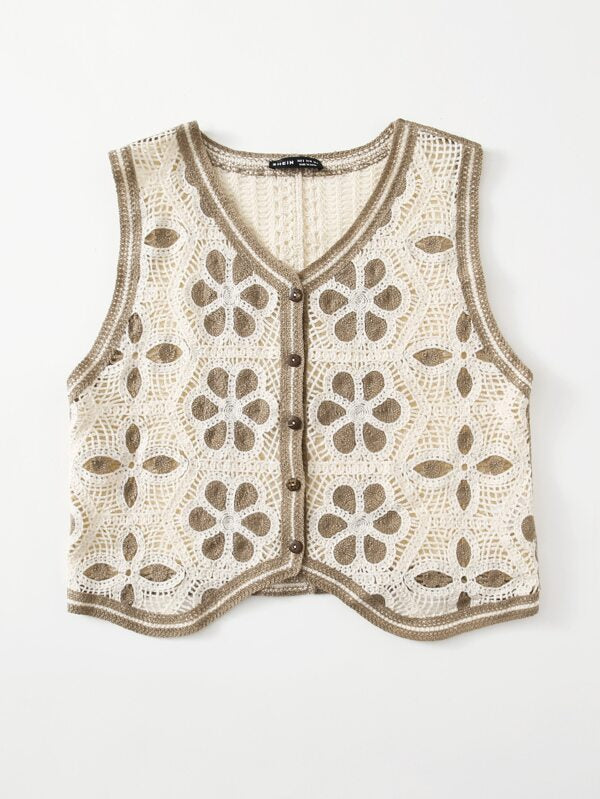 Floral Pattern Button Front Vest Cardigan - LuckyFash™