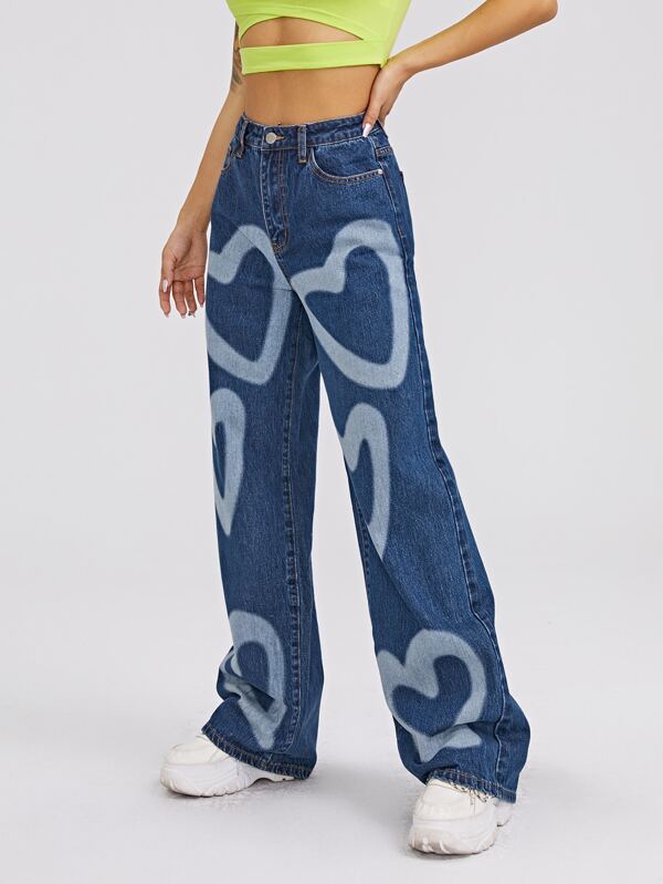 High Waist Heart Print Wide Leg Jeans - LuckyFash™