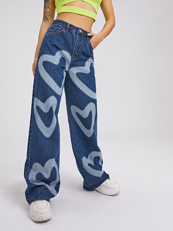 High Waist Heart Print Wide Leg Jeans - LuckyFash™