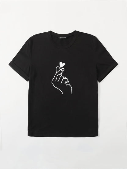 Gesture And Heart Print Tee - LuckyFash™