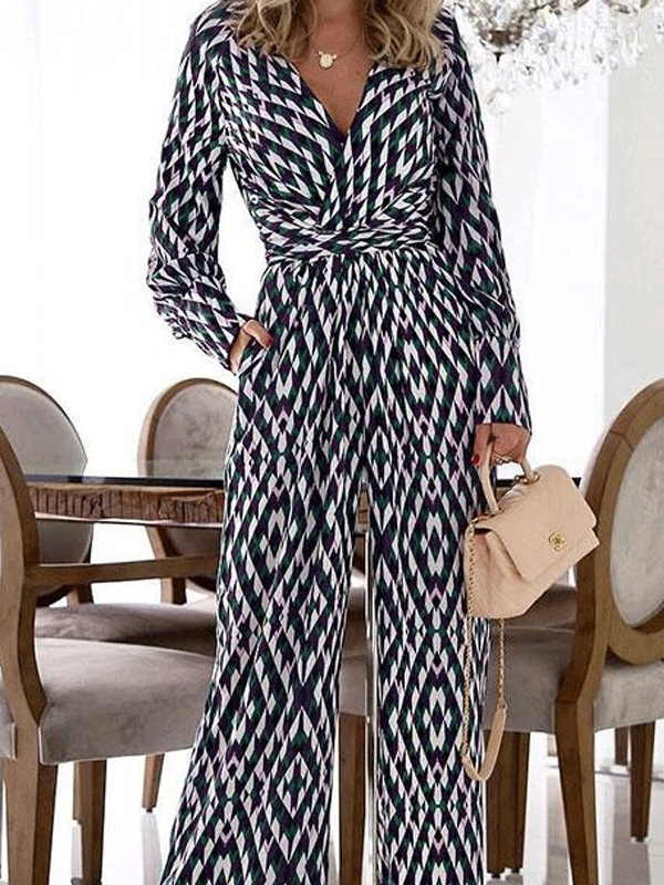 Women's Jumpsuits Printed V-Neck Pocket Long Sleeve Jumpsuit - LuckyFash™