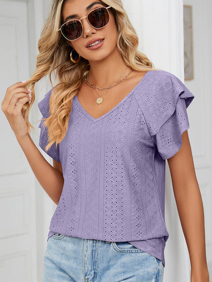 Women’s T-Shirts Solid Color V-Neck Loose Short Sleeve Double Sleeve T-Shirt - LuckyFash™