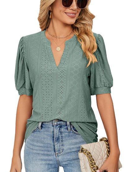 T Shirts Casual V Neck Hollow Puff Sleeve Loose T Shirt - LuckyFash™