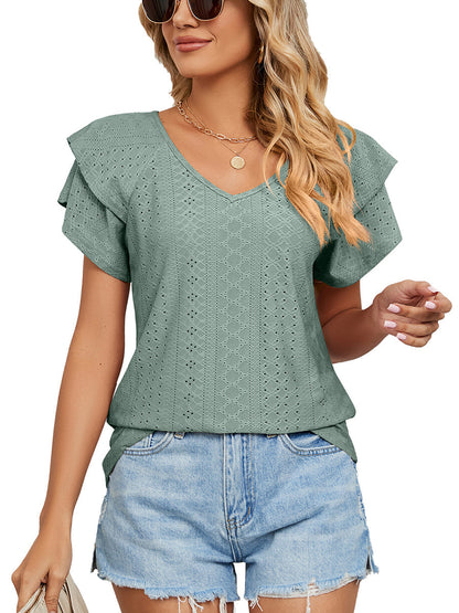 Women’s T-Shirts Solid Color V-Neck Loose Short Sleeve Double Sleeve T-Shirt - LuckyFash™