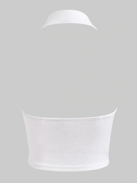 Halter Rib-knit Half Button Crop Top - LuckyFash™