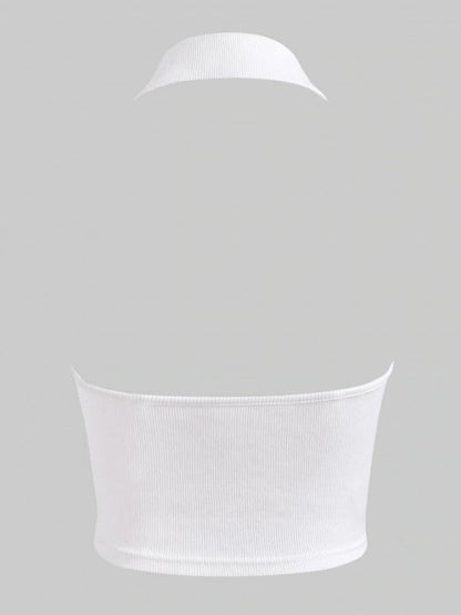 Halter Rib-knit Half Button Crop Top - LuckyFash™