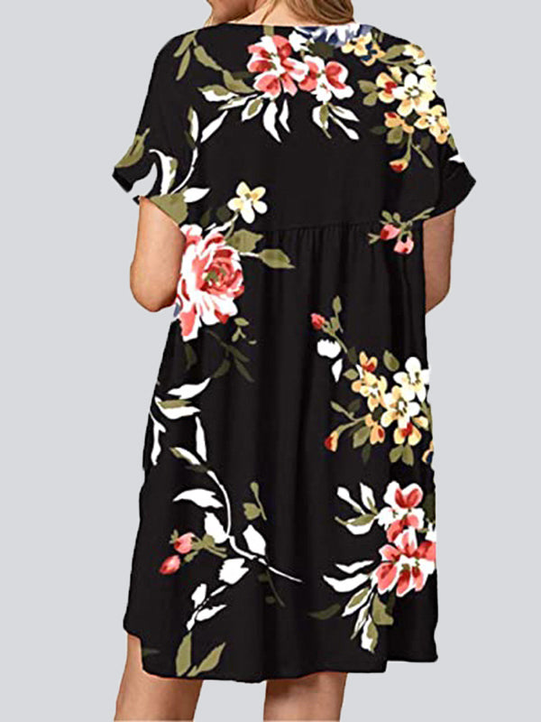 Fashion Print V Neck Short Sleeve Mini Dresses - LuckyFash™