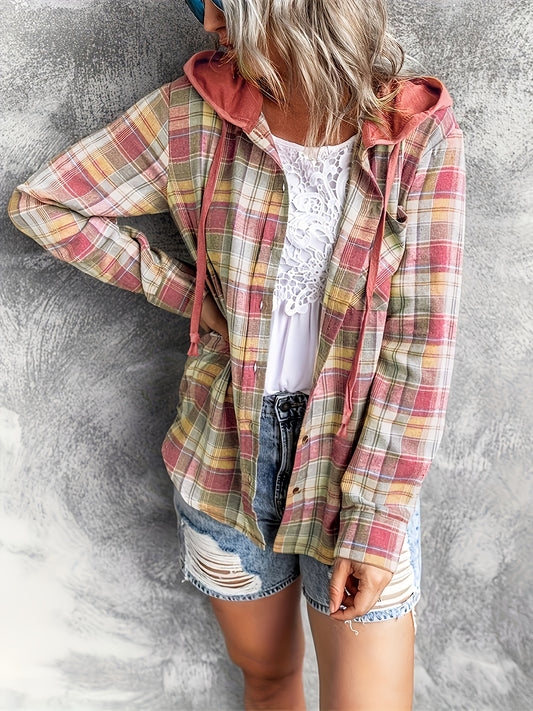 Plaid Print Hooded Shirt, Casual Long Sleeve Drawstring Shirt, Women's Clothing