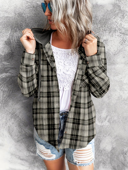 Plaid Print Hooded Shirt, Casual Long Sleeve Drawstring Shirt, Women's Clothing
