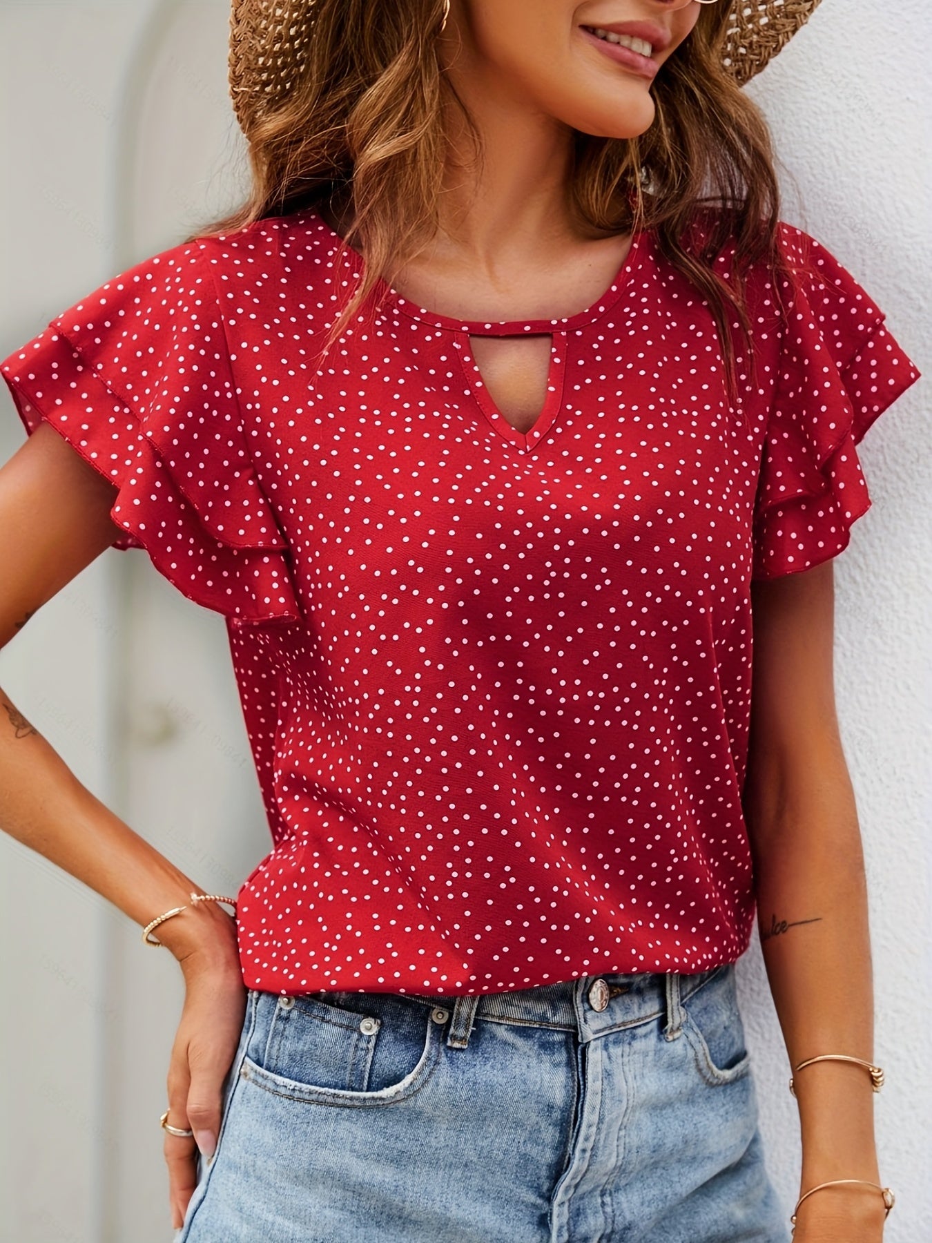 Polka Dot Ruffle Layered Hem Blouse, Casual Crew Neck Blouse For Spring & Summer, Women's Clothing
