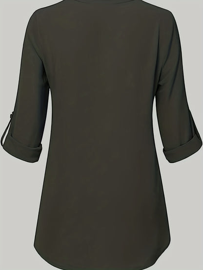 Solid Simple Blouse, Casual V Neck Long Sleeve Blouse, Women's Clothing