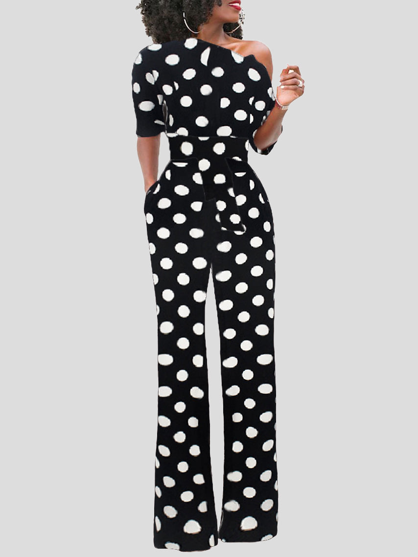 Women's Jumpsuits Polka Dot Print One Shoulder Belted Jumpsuit - LuckyFash™
