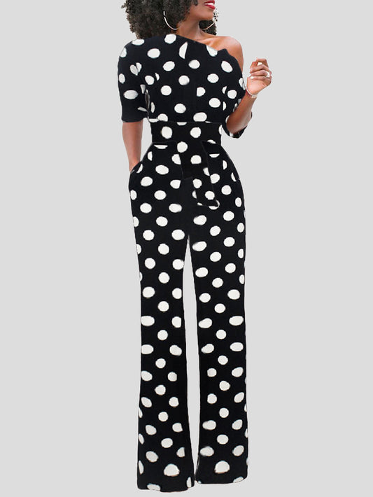 Women's Jumpsuits Polka Dot Print One Shoulder Belted Jumpsuit - LuckyFash™