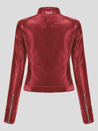 Women's Jackets Short Stand-Up Collar Zipped Leather Jacket - LuckyFash™