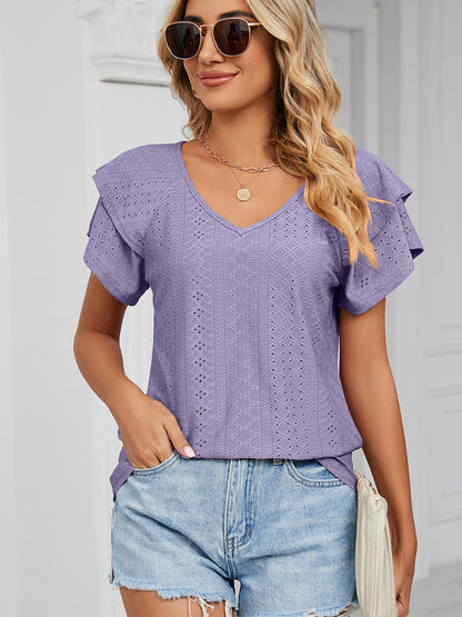 Women’s T-Shirts Solid Color V-Neck Loose Short Sleeve Double Sleeve T-Shirt - LuckyFash™