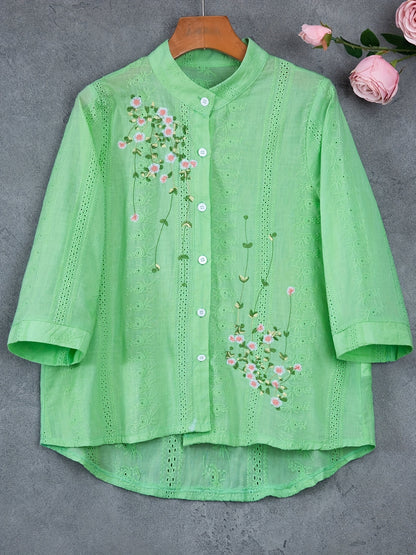 Eyelet Floral Embroidered Blouse, Elegant Button Front Blouse For Spring & Summer, Women's Clothing