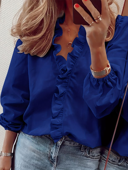 Ruffled Trim V Neck Shirt, Elegant Loose Long Sleeve Shirt, Women's Clothing