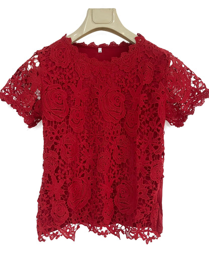 Lace Crew Neck T-Shirt, Elegant Short Sleeve T-Shirt For Spring & Summer, Women's Clothing