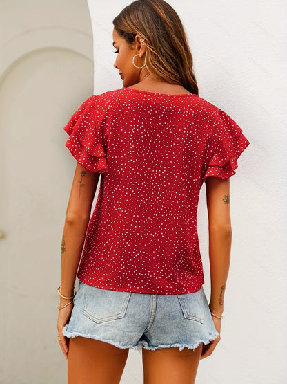 Polka Dot Ruffle Layered Hem Blouse, Casual Crew Neck Blouse For Spring & Summer, Women's Clothing