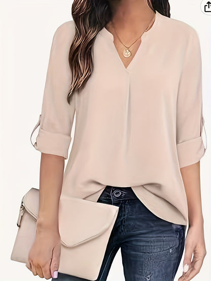 Solid Simple Blouse, Casual V Neck Long Sleeve Blouse, Women's Clothing