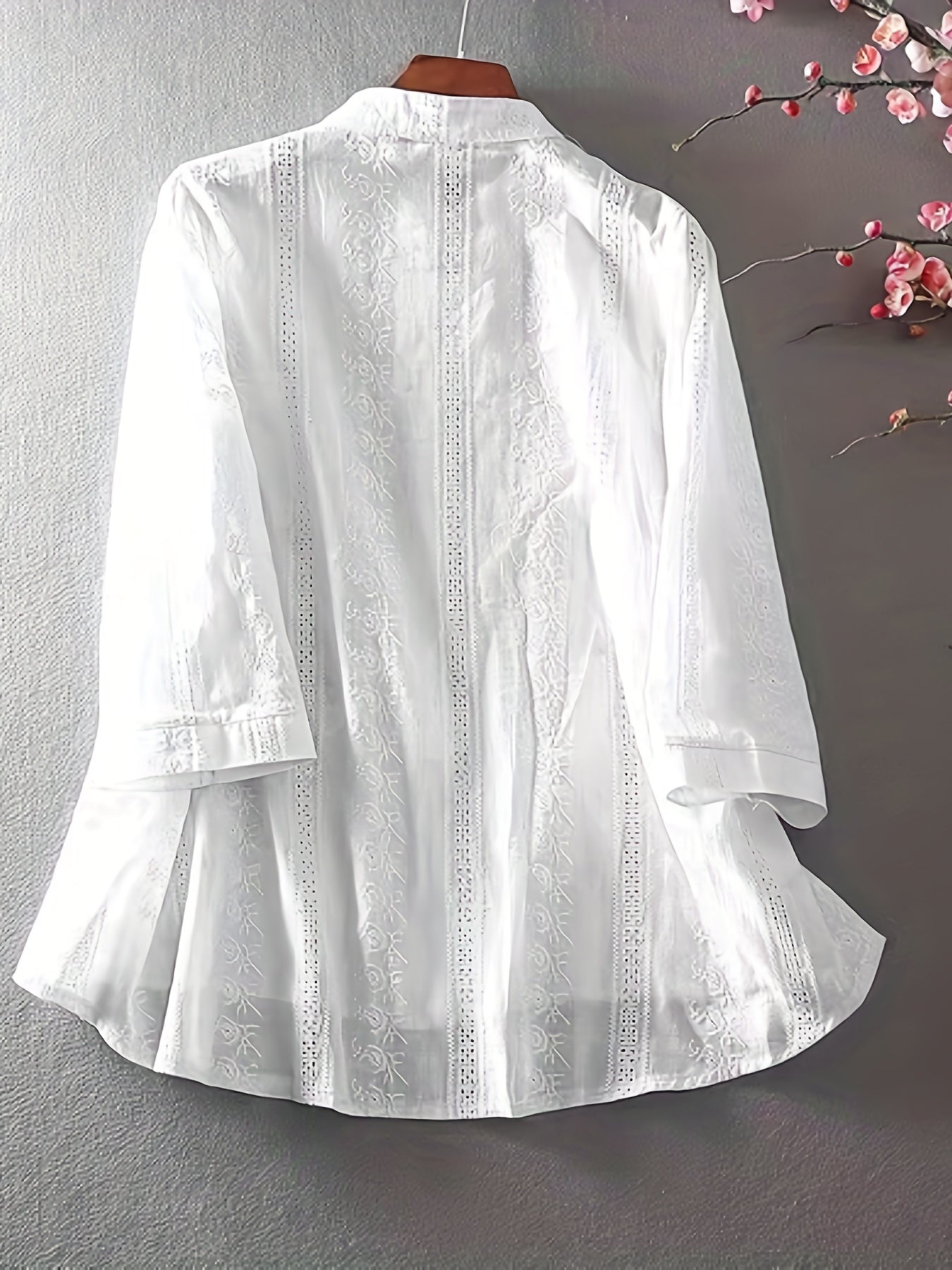 Eyelet Floral Embroidered Blouse, Elegant Button Front Blouse For Spring & Summer, Women's Clothing
