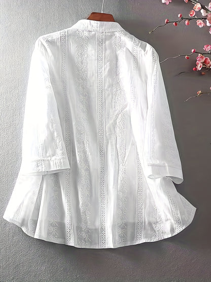 Eyelet Floral Embroidered Blouse, Elegant Button Front Blouse For Spring & Summer, Women's Clothing