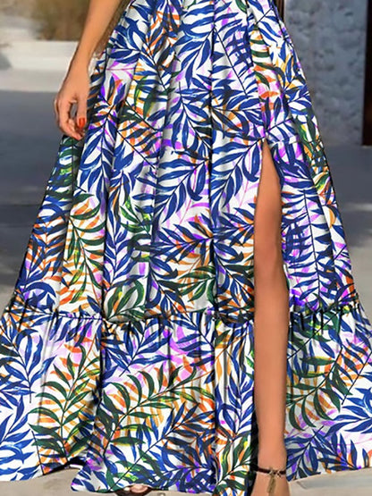 Leaf Print Deep V Neck Slit Sling Dress - LuckyFash™