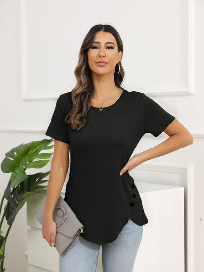 Women’s T-Shirts Irregular Button Short Sleeve Round Neck T-Shirt - LuckyFash™