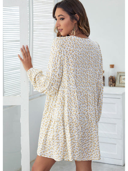Dresses V-Neck Floral Printed Long Sleeve Button Casual Loose Mini Dress - LuckyFash™