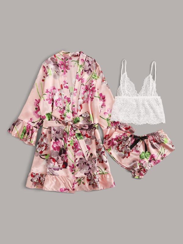 3pack Floral Lace Lingerie Set & Satin Belted Robe - LuckyFash™