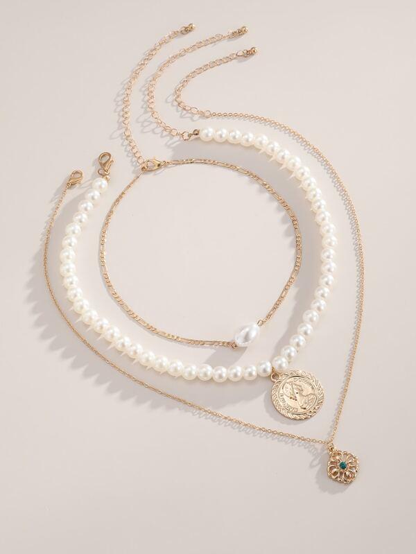 3pcs Coin Faux Pearl Decor Necklace - LuckyFash™