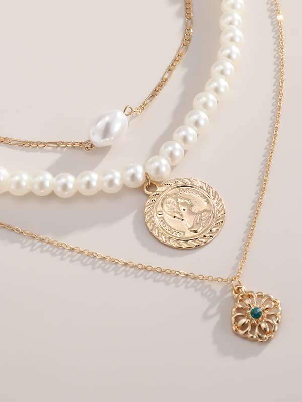 3pcs Coin Faux Pearl Decor Necklace - LuckyFash™