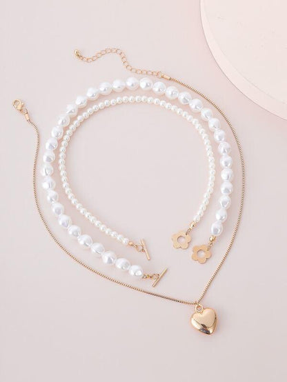 3pcs Faux Pearl Heart Decor Necklace - LuckyFash™
