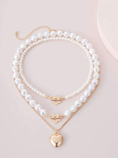 3pcs Faux Pearl Heart Decor Necklace - LuckyFash™